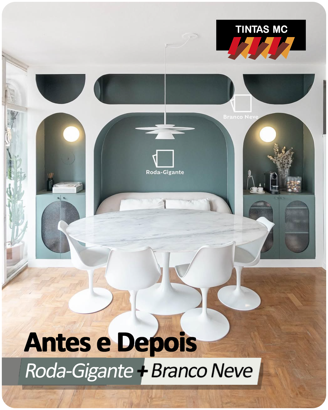 Confira o Antes e Depois da combinação de cores das Tintas Suvinil - Cores: Roda Gigante E389 e Branco Neve RM181