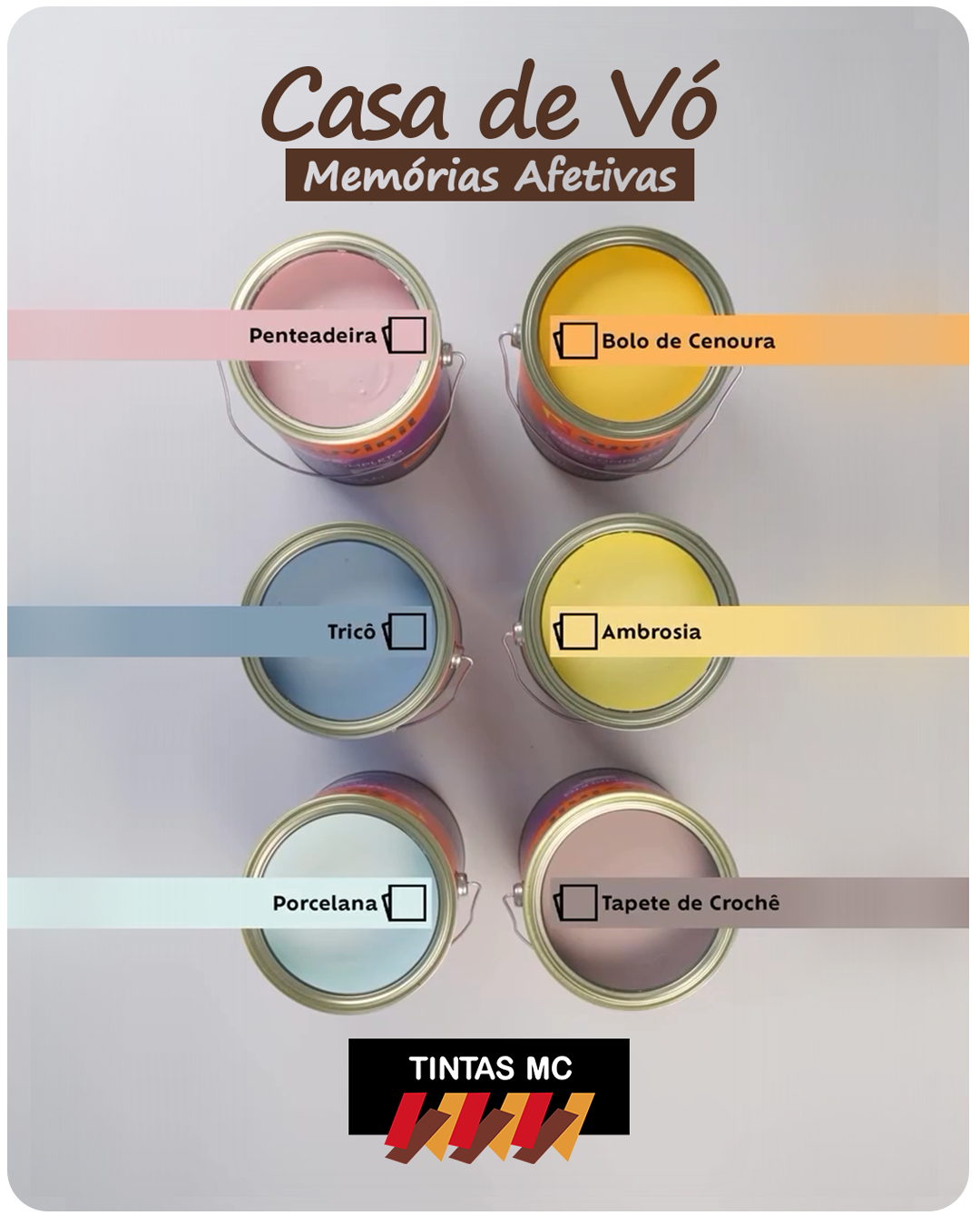 Pintura de casa com cores de memórias afetivas - Cores: Tricô, Penteadeira, Ambrosia, Bolo de Cenoura, Porcelana, Tapete de Crochê